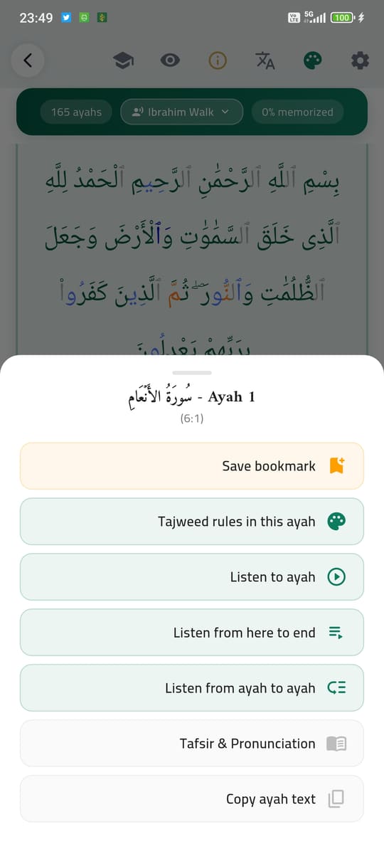 Ayah actions — Tap any ayah — act on it.