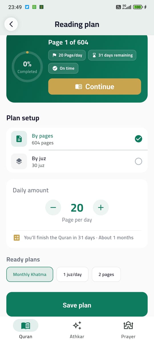 Reading plan — Finish the Qur'an on your schedule.