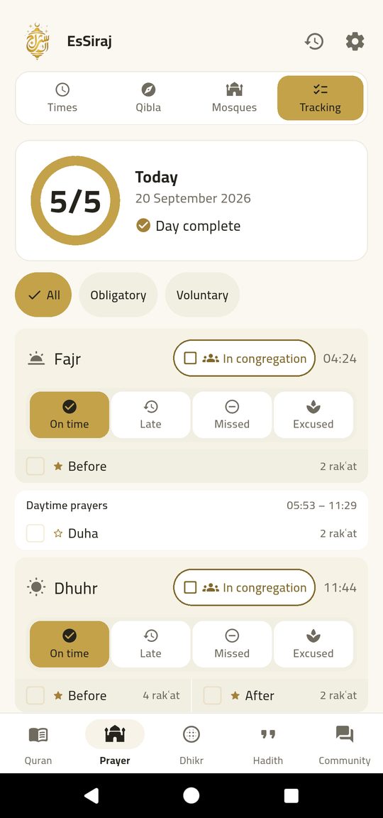 Prayer log — Four taps, and the day is written down.
