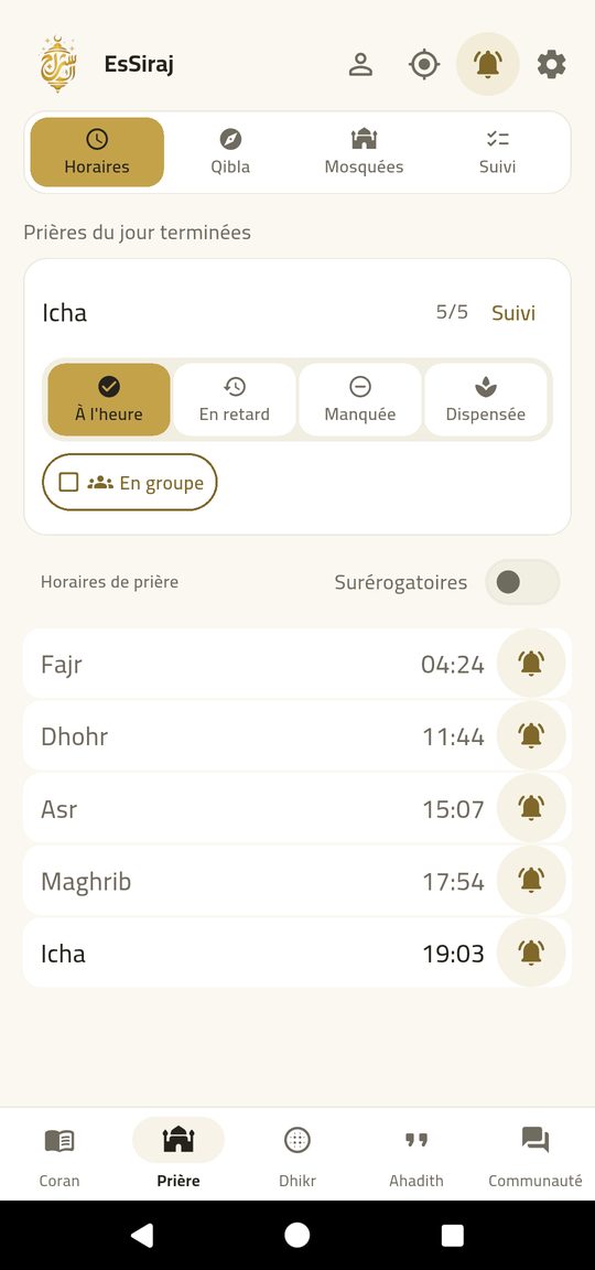 Horaires de prière — Cinq prières, votre mosquée, la date hégirienne.