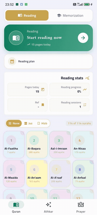 Essiraj — Mushaf, memorisation, adhkar, prayer times and qibla