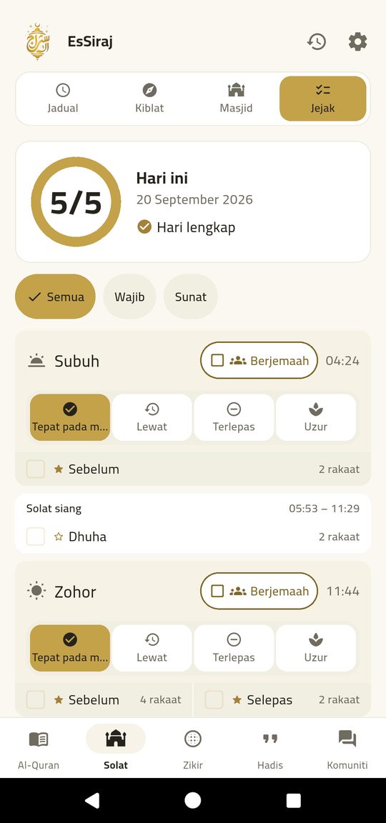 Rekod solat — Empat ketikan, dan hari itu tercatat.