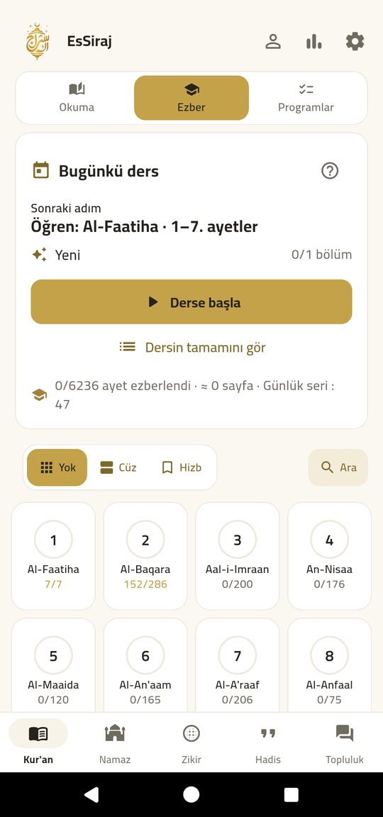 Ezber — Tecvid ve mealle birlikte âyet âyet ezberleyin.