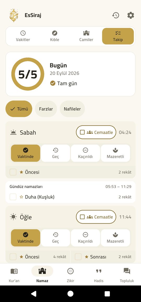 Namaz kaydı — Dört dokunuş, ve gün yazıldı.